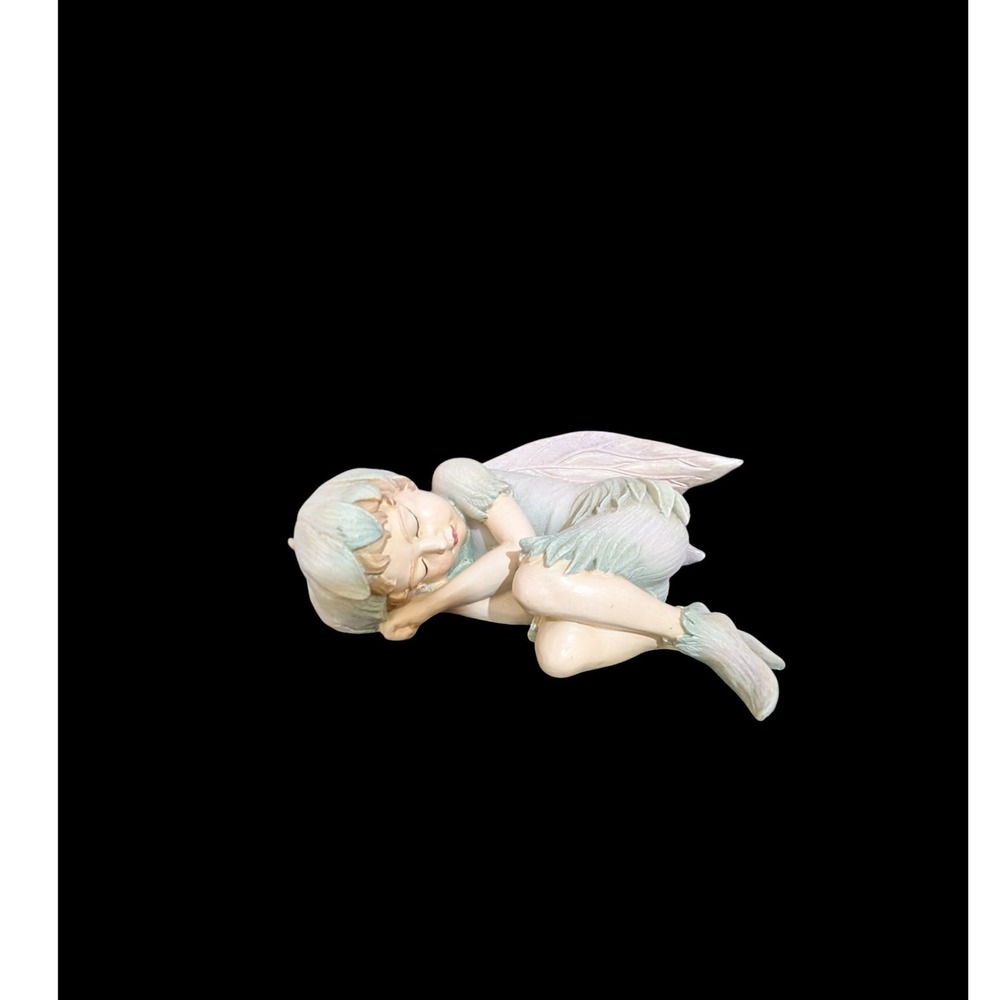 Sleeping Fairy Figurine Pastel Green Lavender Wings 2001 Fantasy Decor 5.5 Inch